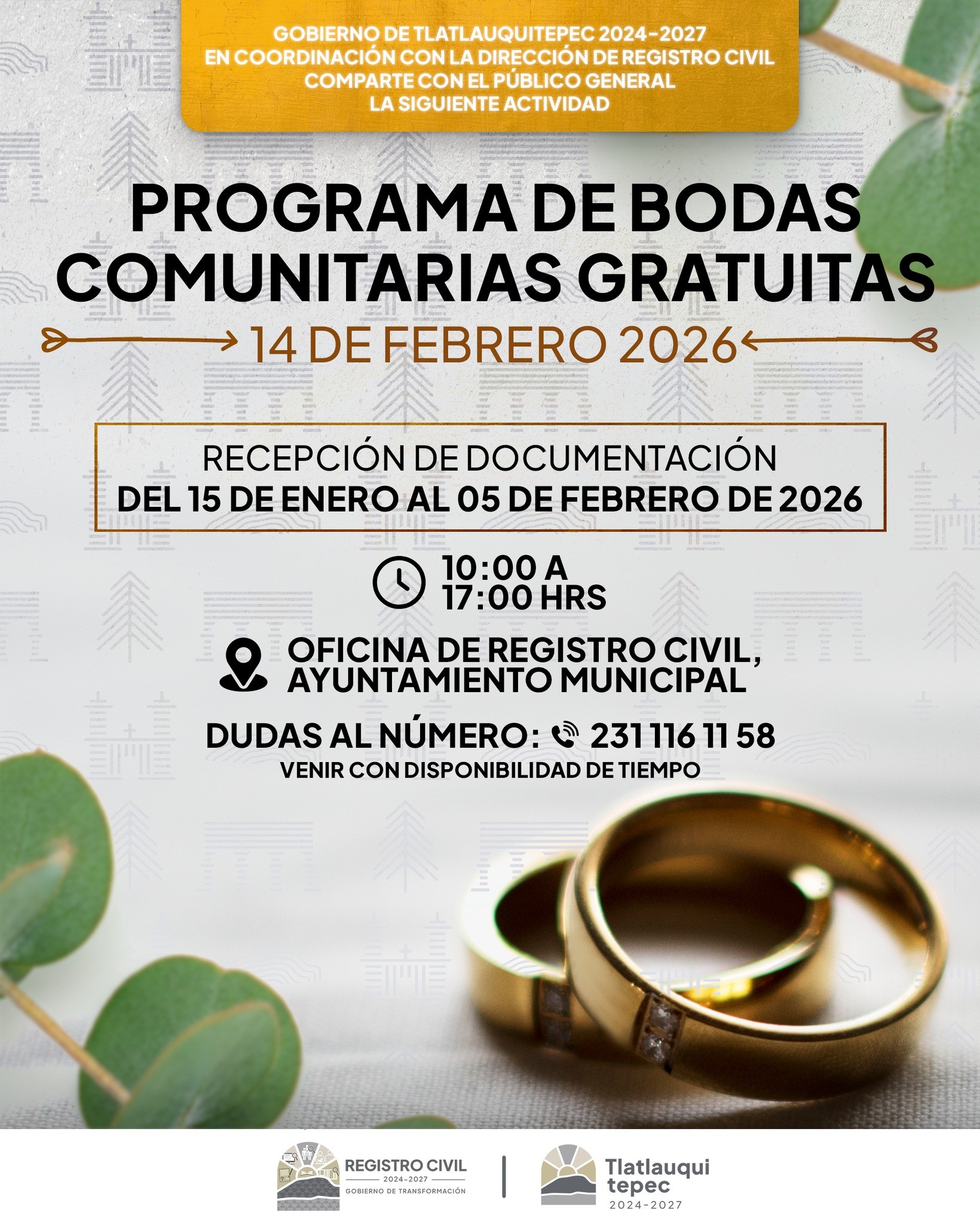 Invitan a Programa de Bodas Comunitarias Gratuitas 2026 en Tlatlauquitepec