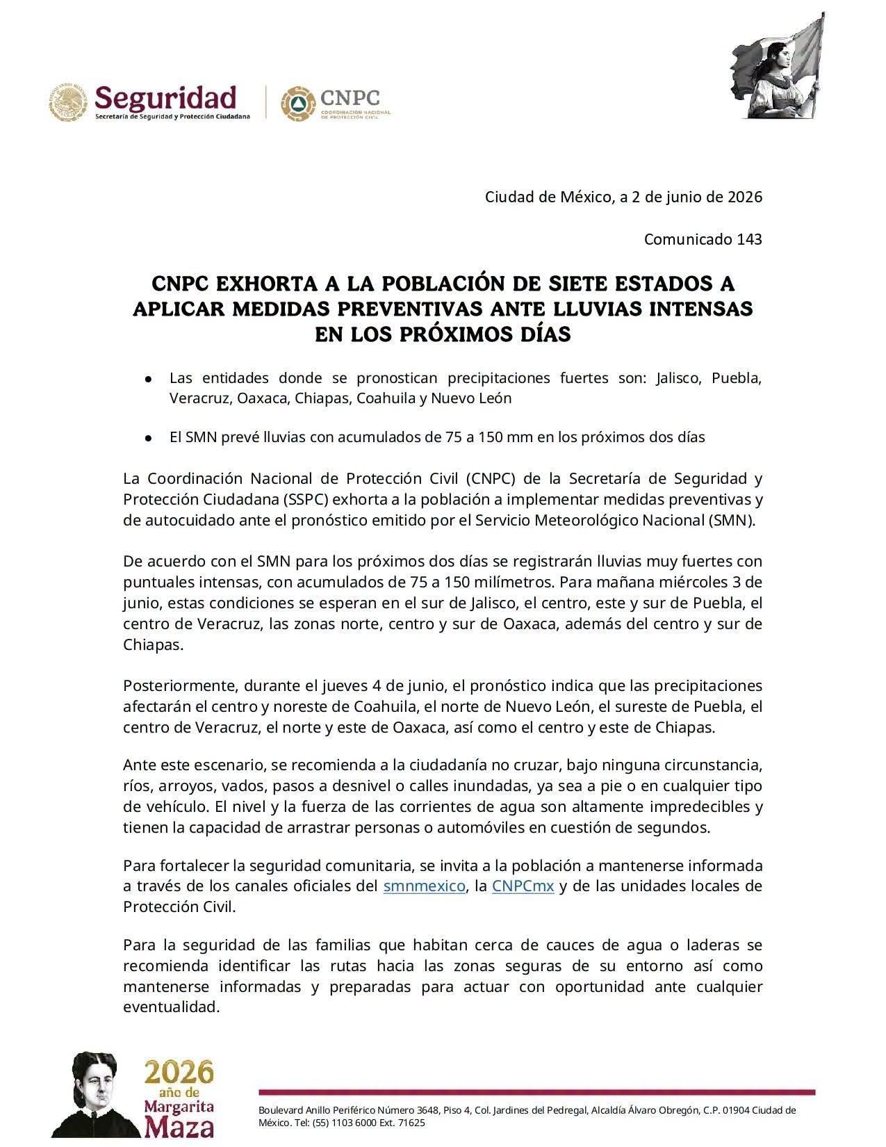 Protección Civil emite recomendaciones ante pronóstico de lluvias intensas en Puebla y otras entidades