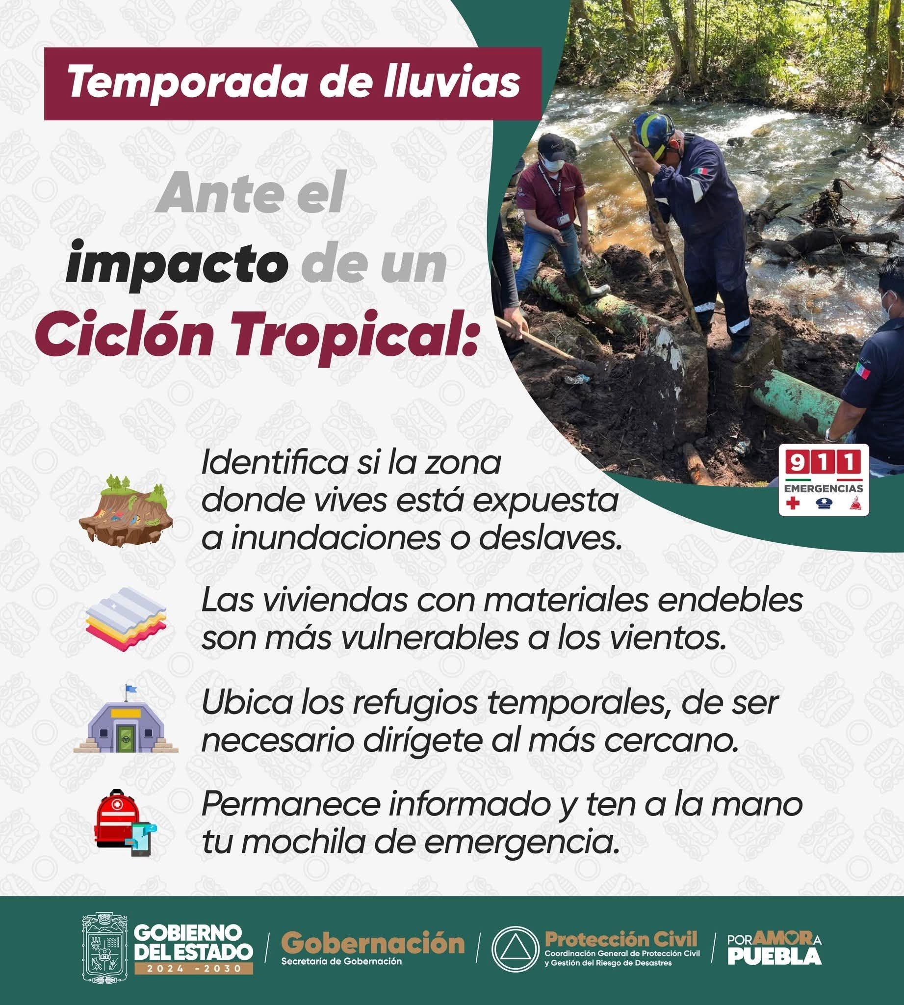 El Gobierno de Puebla y Tlatlauquitepec te invitan a mantenerte preparado ante el impacto de un ciclón tropical.