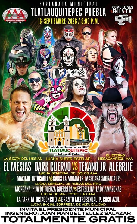Tlatlauquitepec ofrecerá función gratuita de Lucha Libre AAA el 16 de septiembre