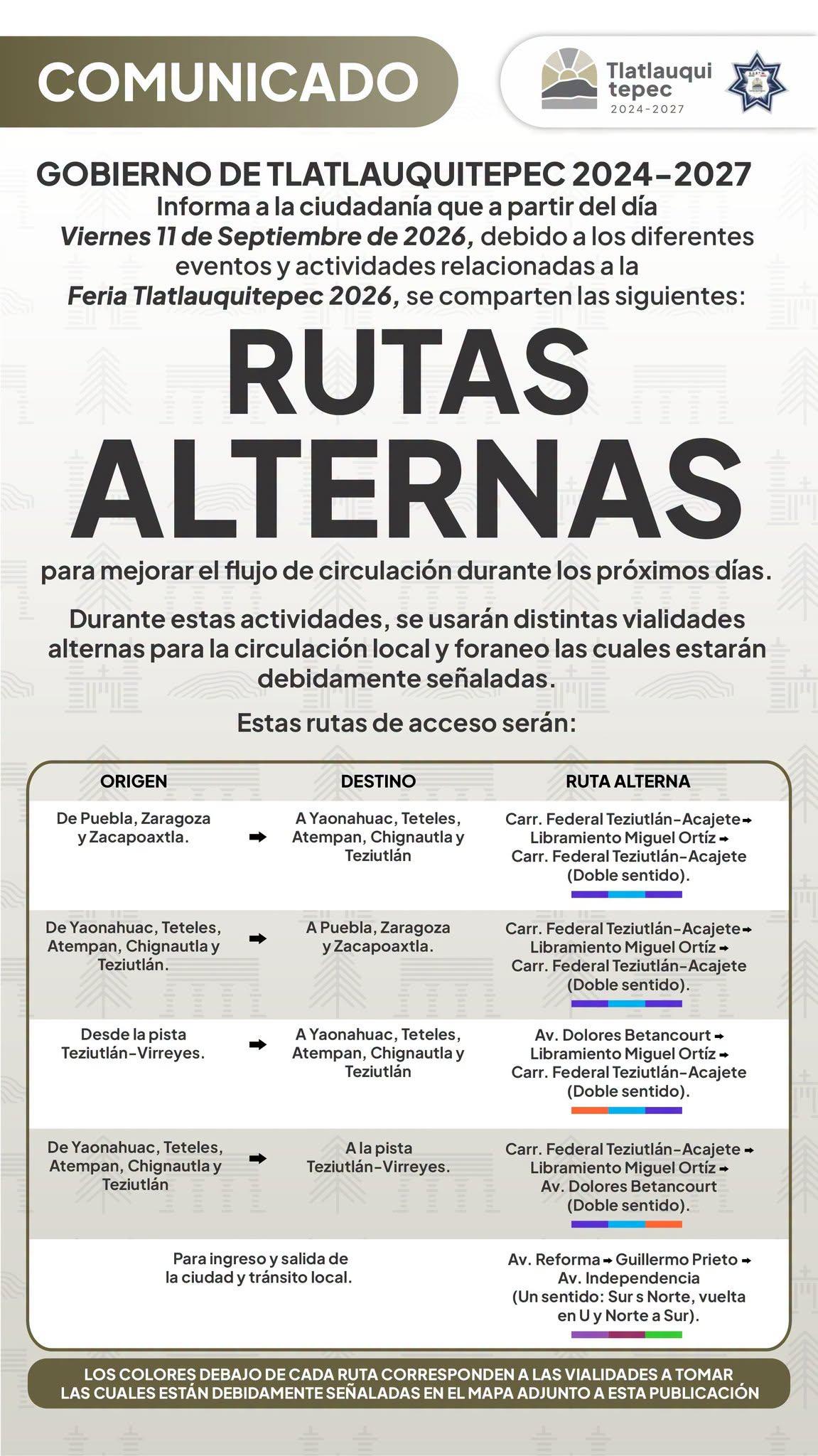 Aviso sobre rutas alternas por la Feria Tlatlauquitepec 2026