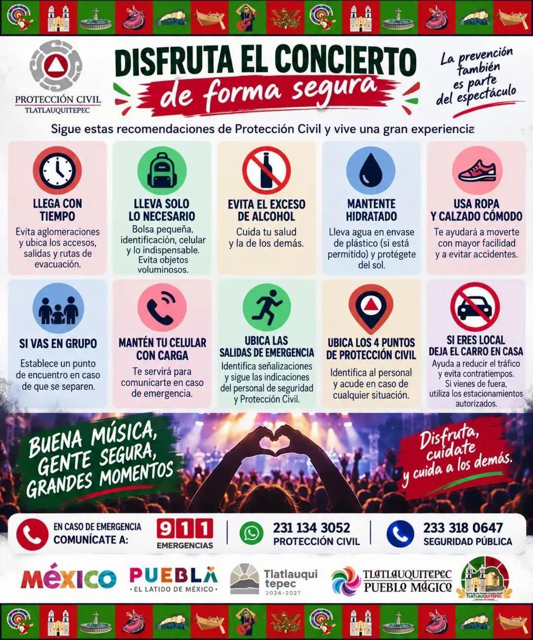Recomendaciones de Protección Civil para los conciertos de la Feria Tlatlauquitepec 2026